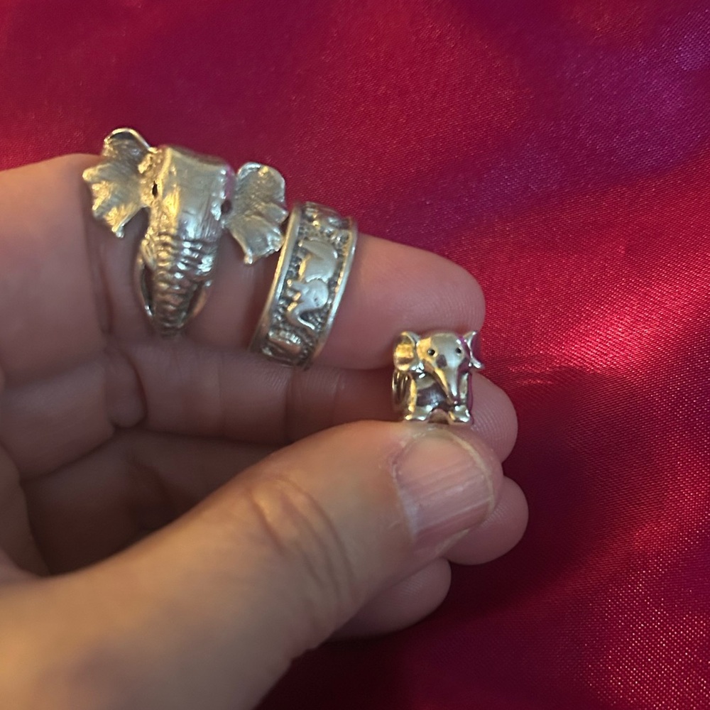 2 Silver Elephant Rings and a Silver Elephant Charm